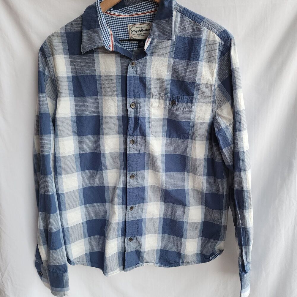 Flag and anthem mens blue white plaid cotton long sleeve button up shirt medium